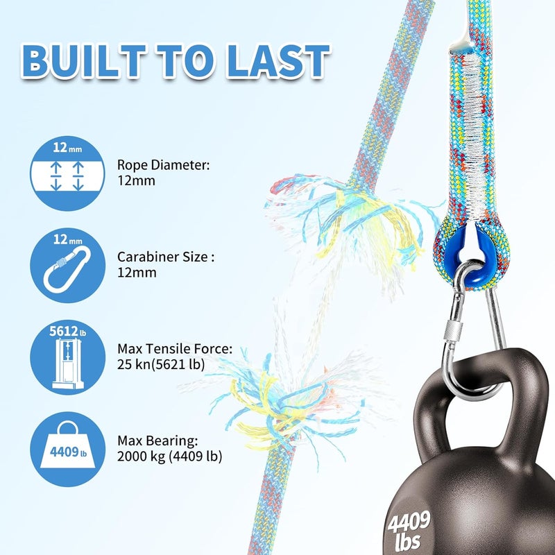 Werfeito Tree Swing Ropes (Set of 2), 3FT/5FT/10FT/15FT/20FT, Tree Swing Straps Hanging Kit Holds 4400 lbs, Heavy Duty Carabiners for All Swing Hammock Playground Set Accessories (20 FT) - Image 4
